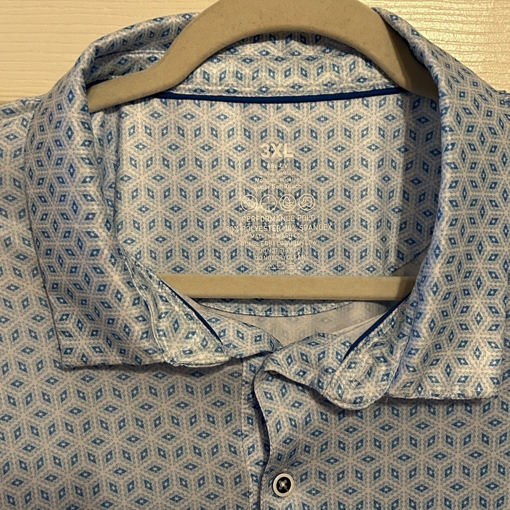 Mens Performance Polo Shirt Blue Geometric Diamond Print 4-Way Stretch 3XL
